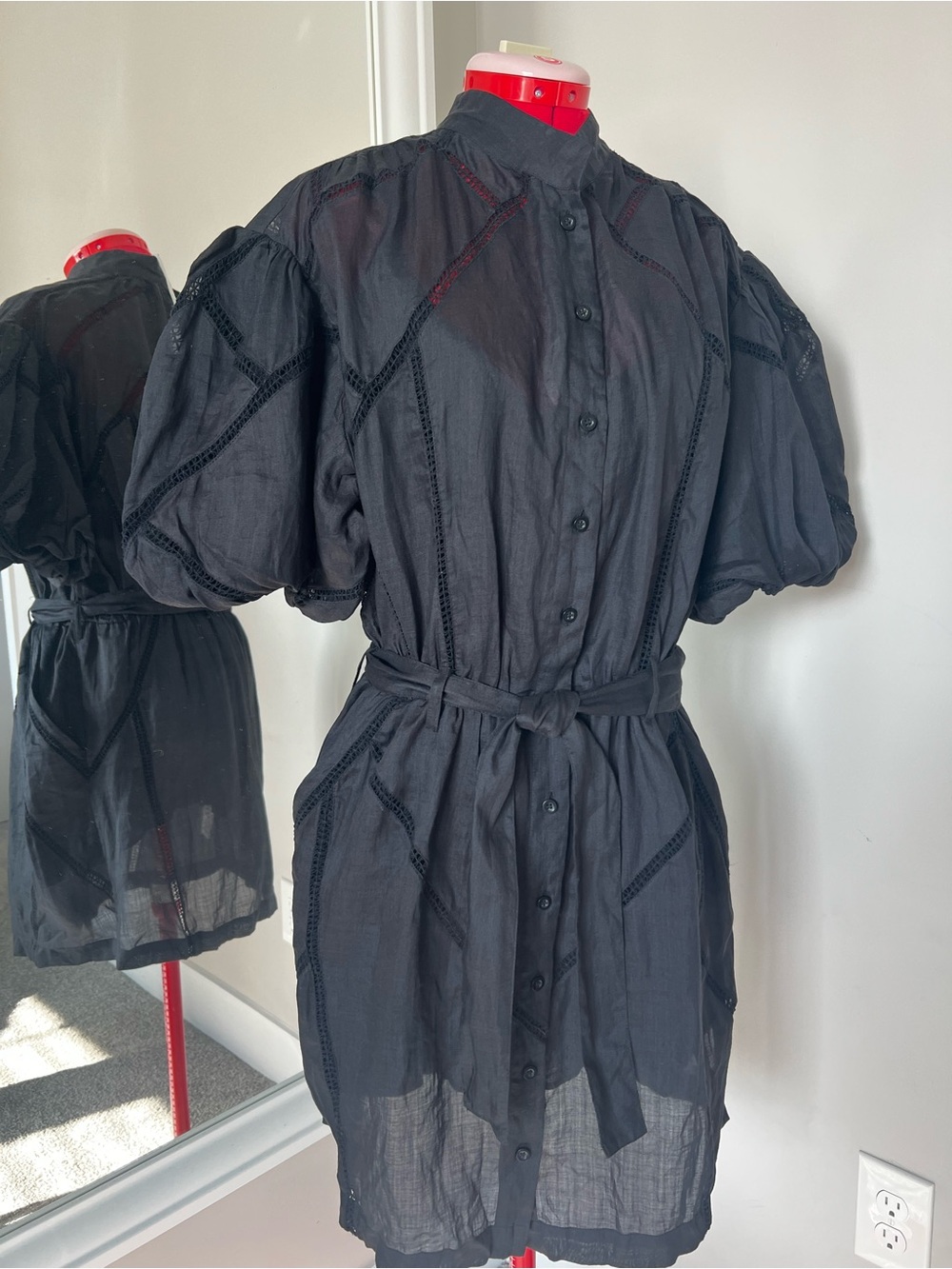 Frame Denim Black Puff-Sleeve Tie-Waist Mini Dress